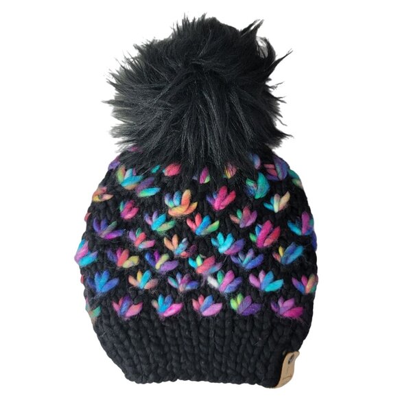 907 Knits Pom Pom Beanie Hat Black Multicolor Rainbow Fresh Tracks Lotus Flower - Picture 1 of 8